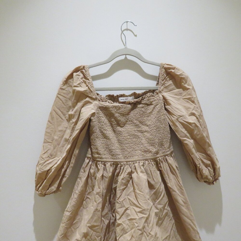 MOD REF Smocked Prairie Dress in Tan Beige Minimalist Trad Wife Cottagecore - Picture 3 of 12